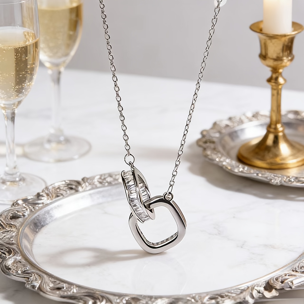 Women's Golden Double-Ring Pendant Necklace, Classic Design